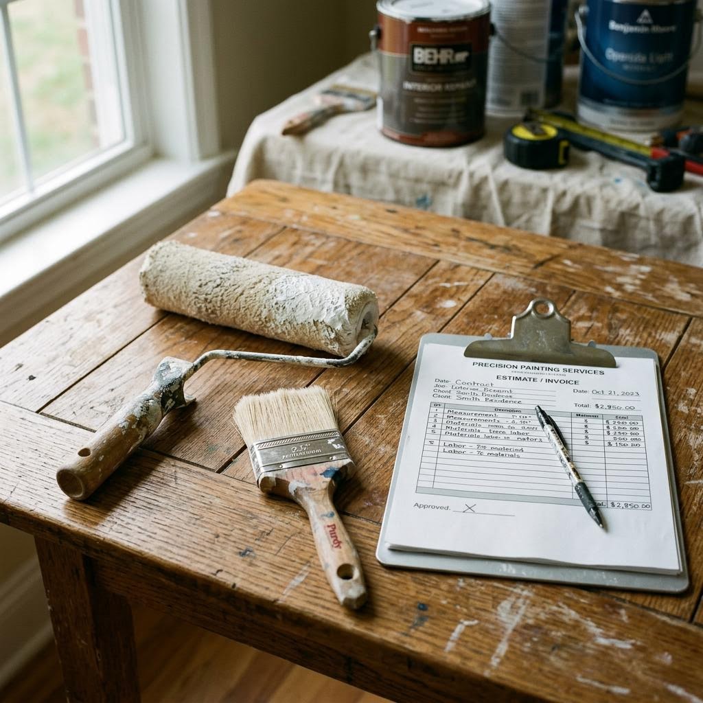 Professional painting contractor tools on a table