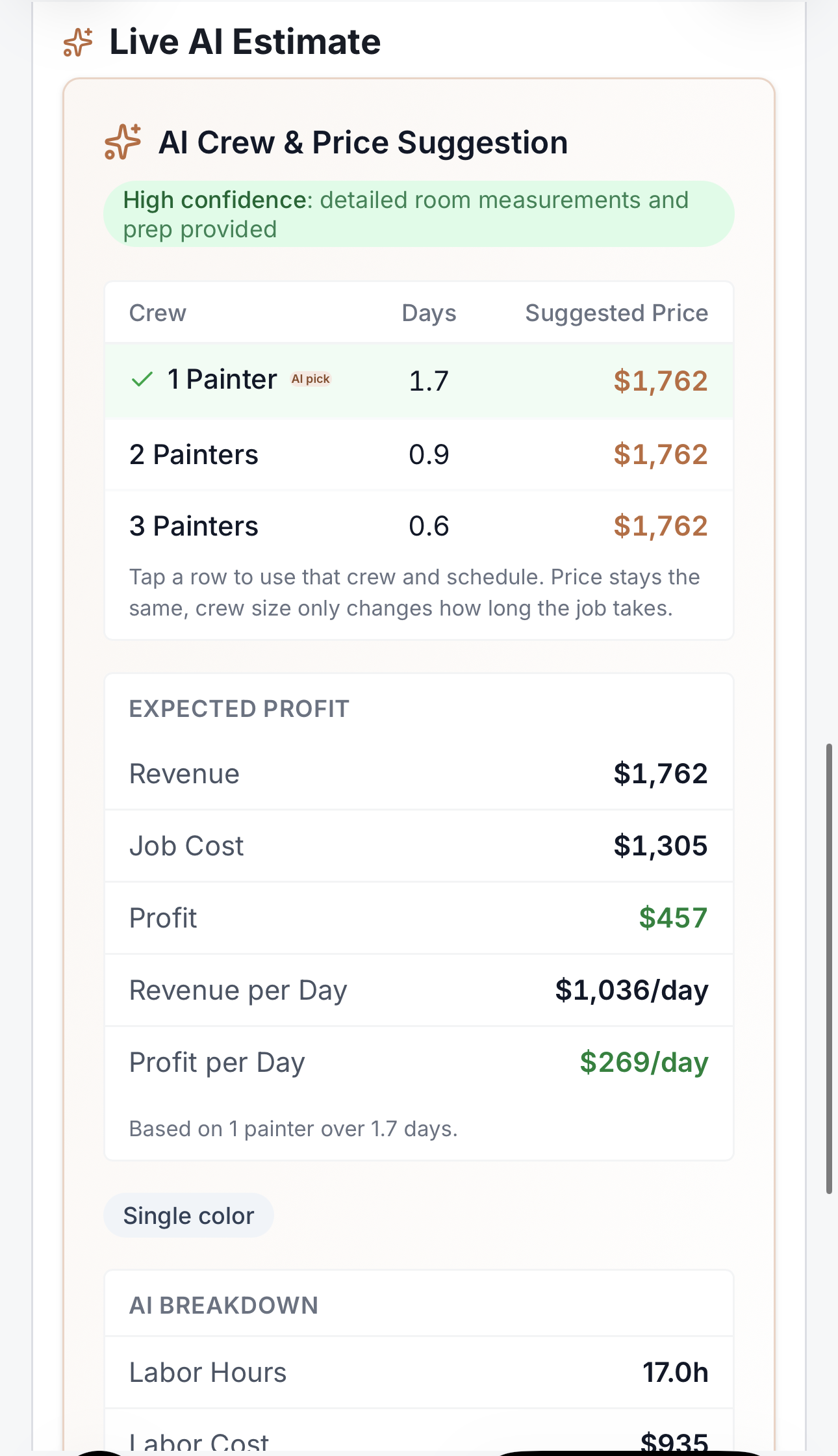 QuickBid mobile estimate showing AI pricing guidance