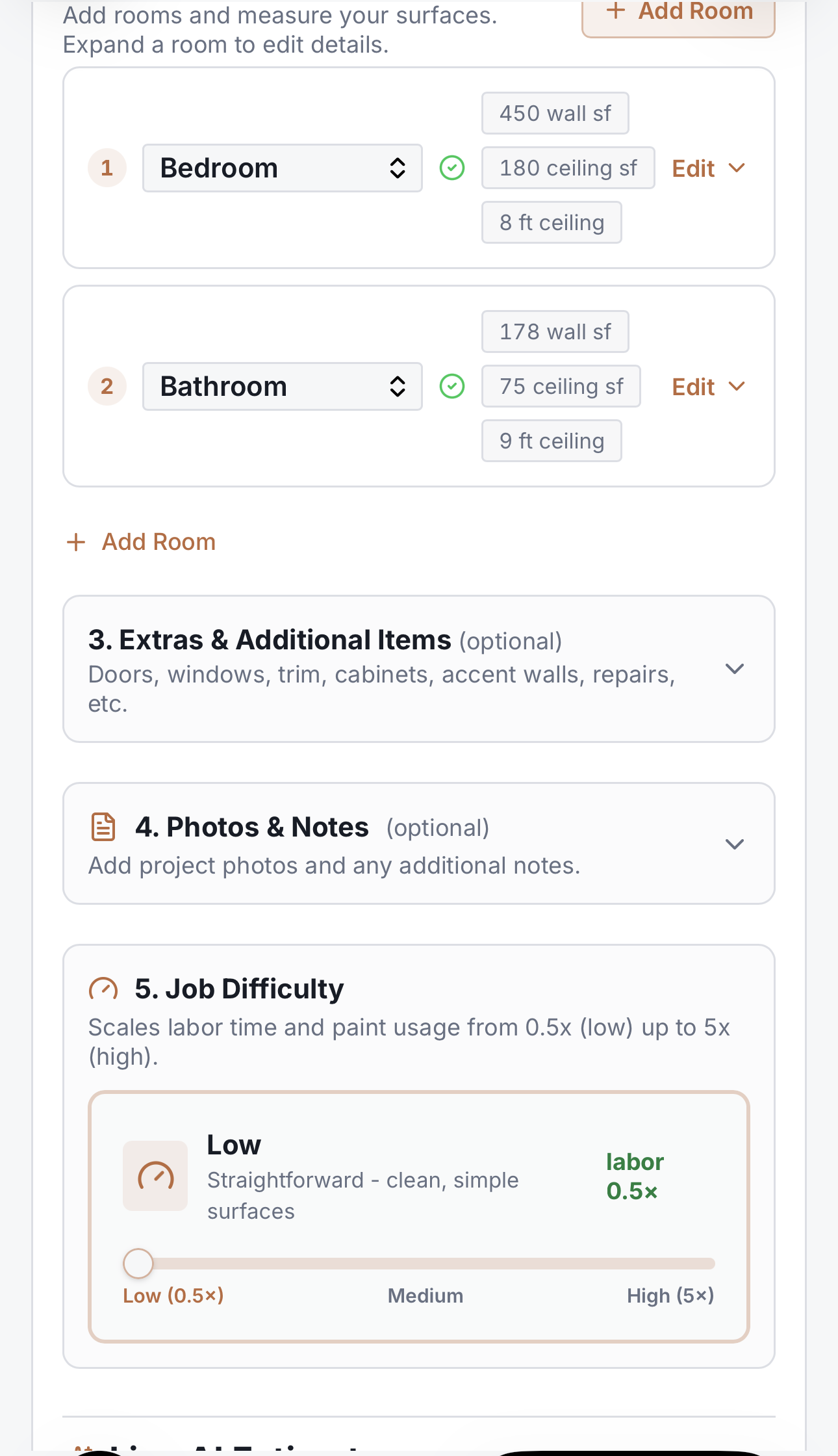 QuickBid mobile estimate showing rooms and surfaces