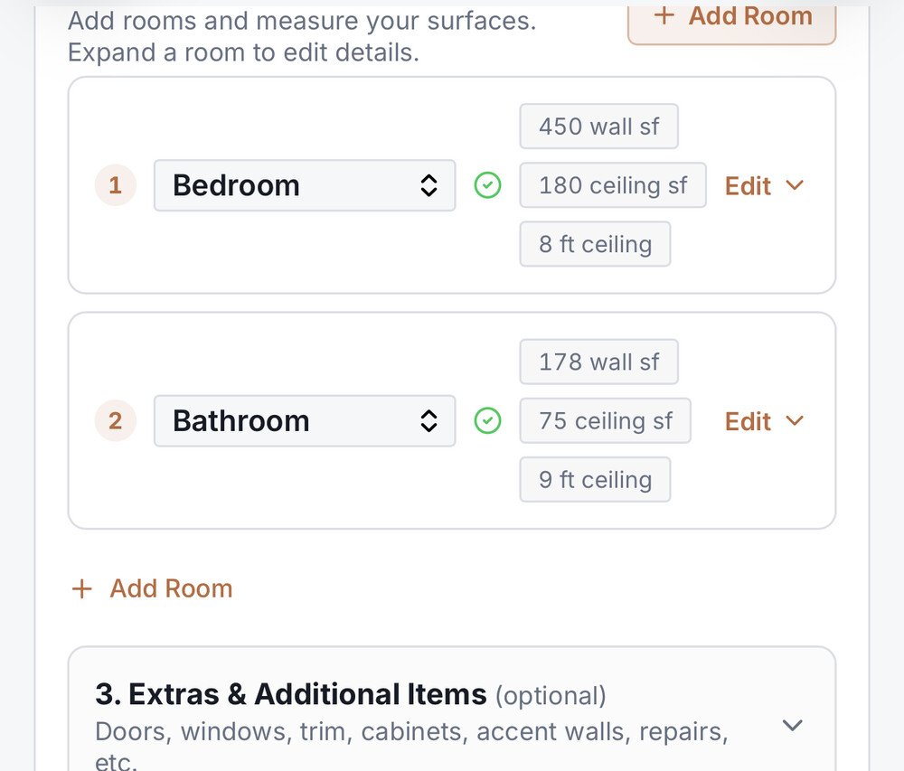 Pro PaintOps painting estimate showing room, surface, and project inputs