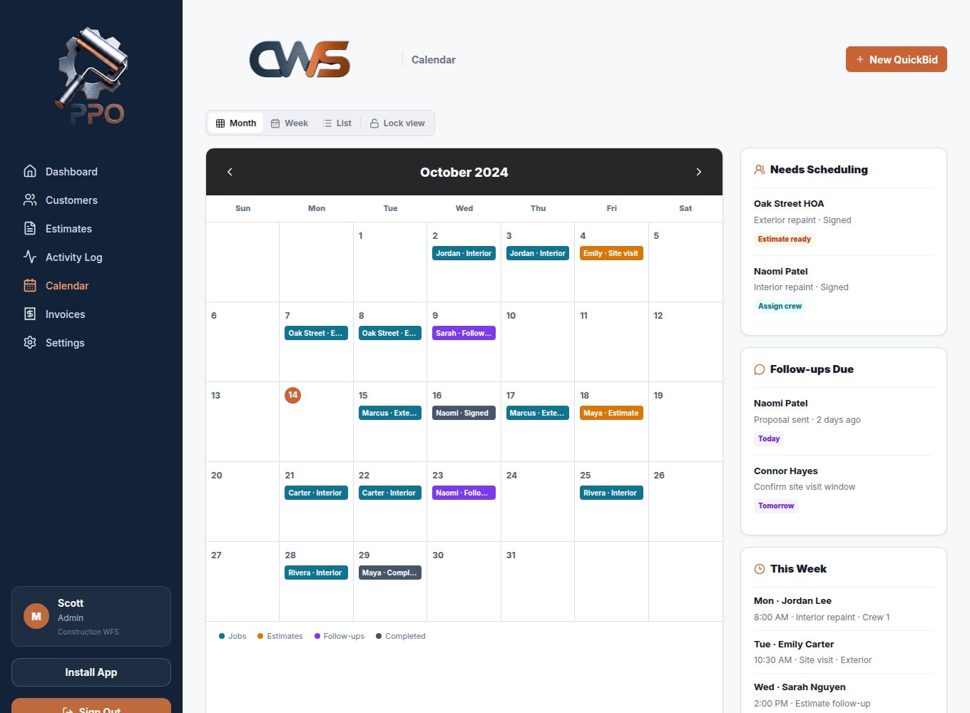 Pro PaintOps CWS calendar showing active jobs, estimates, follow-ups, and scheduled work