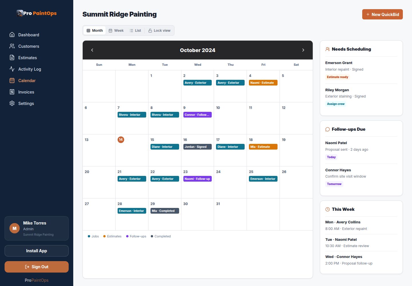 Pro PaintOps crew calendar showing scheduled painting projects